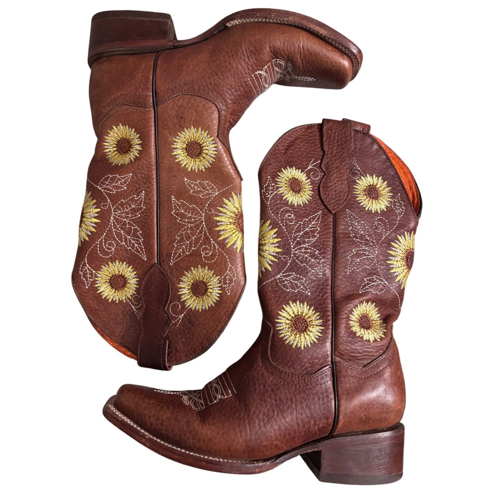 Herraduras Womens Brown Leather Sunflower Embroidered Cowboy Boots Size 8